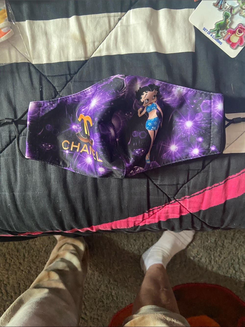 CHANEL Purple Galaxy Print Face Mask with Cartoon Motif